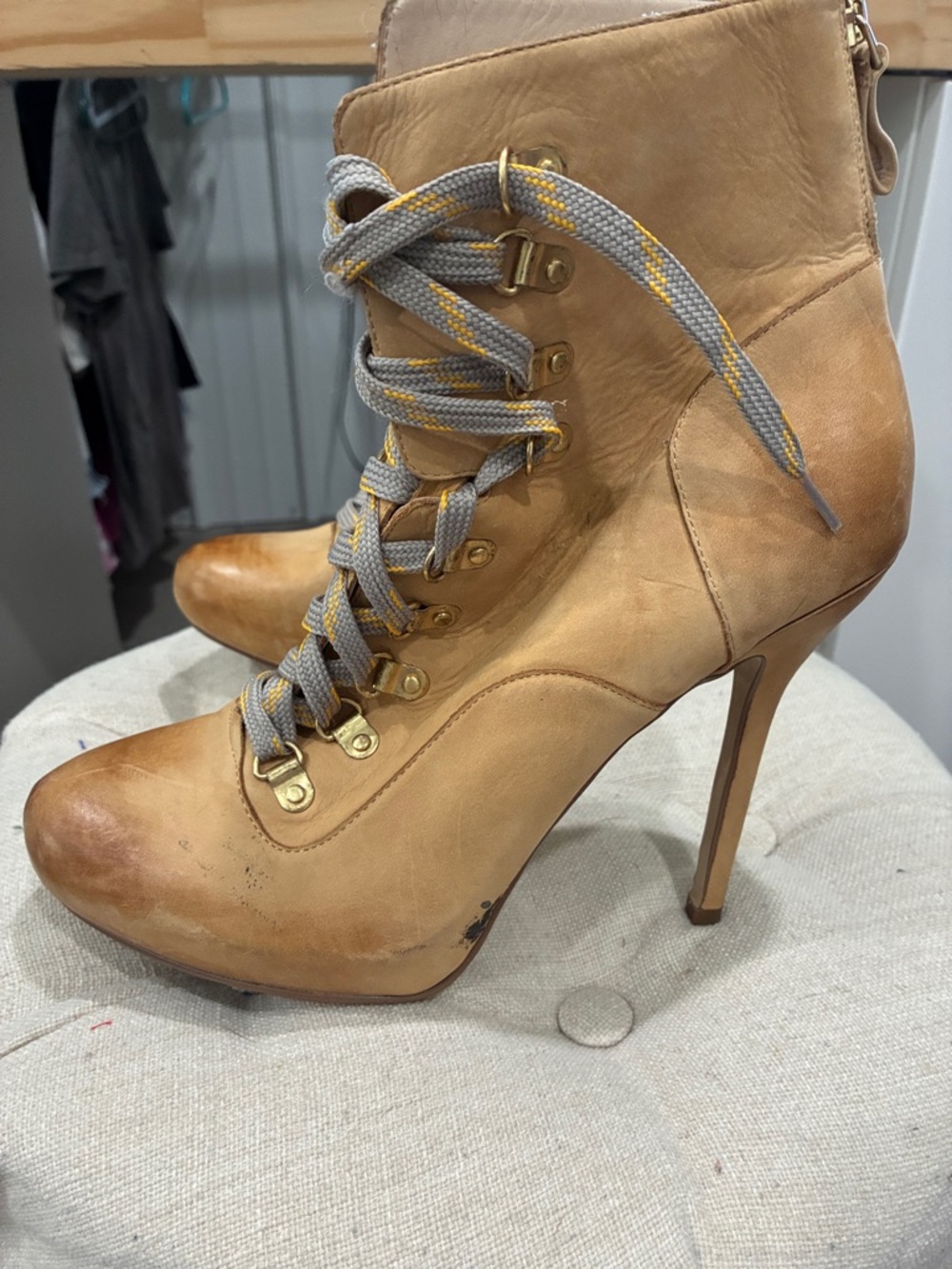 Boutique 9 Tan Lace-Up High Heel Ankle Boots with Gold Hardware
